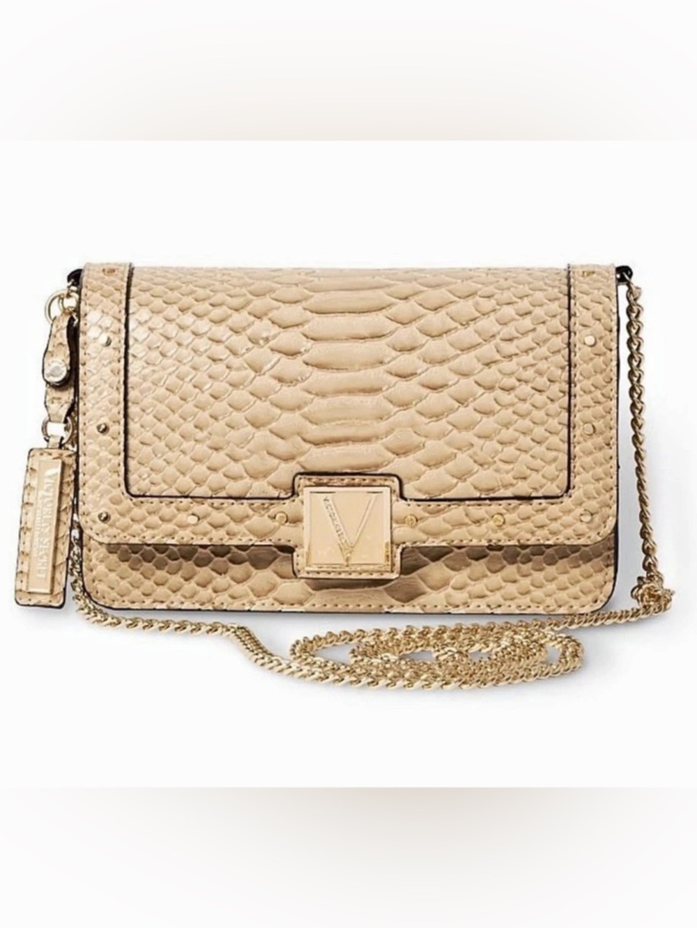 Victoria's Secret Mini Gold Chain Crossbody bag in a beige python-embossed patte